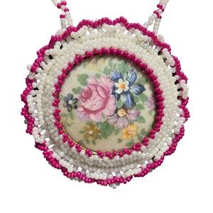 handmade seed bead rose medallion native american stye necklace & earrings set